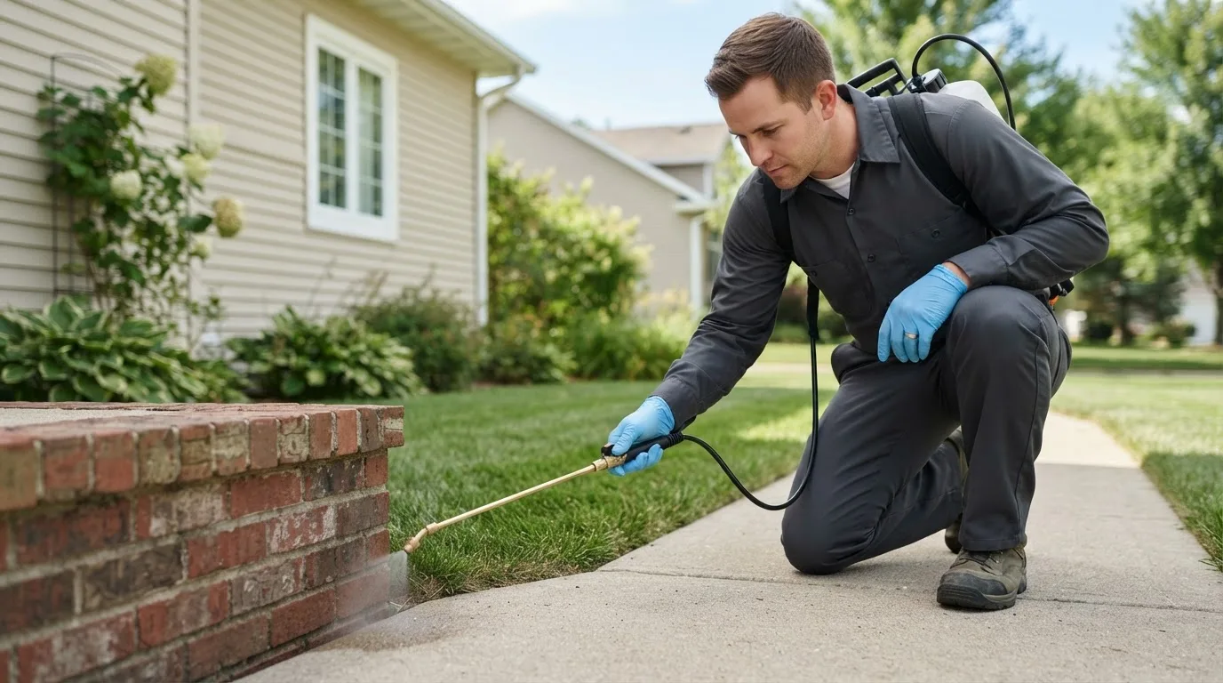 Pest control technician treating a home near Leland, IA
