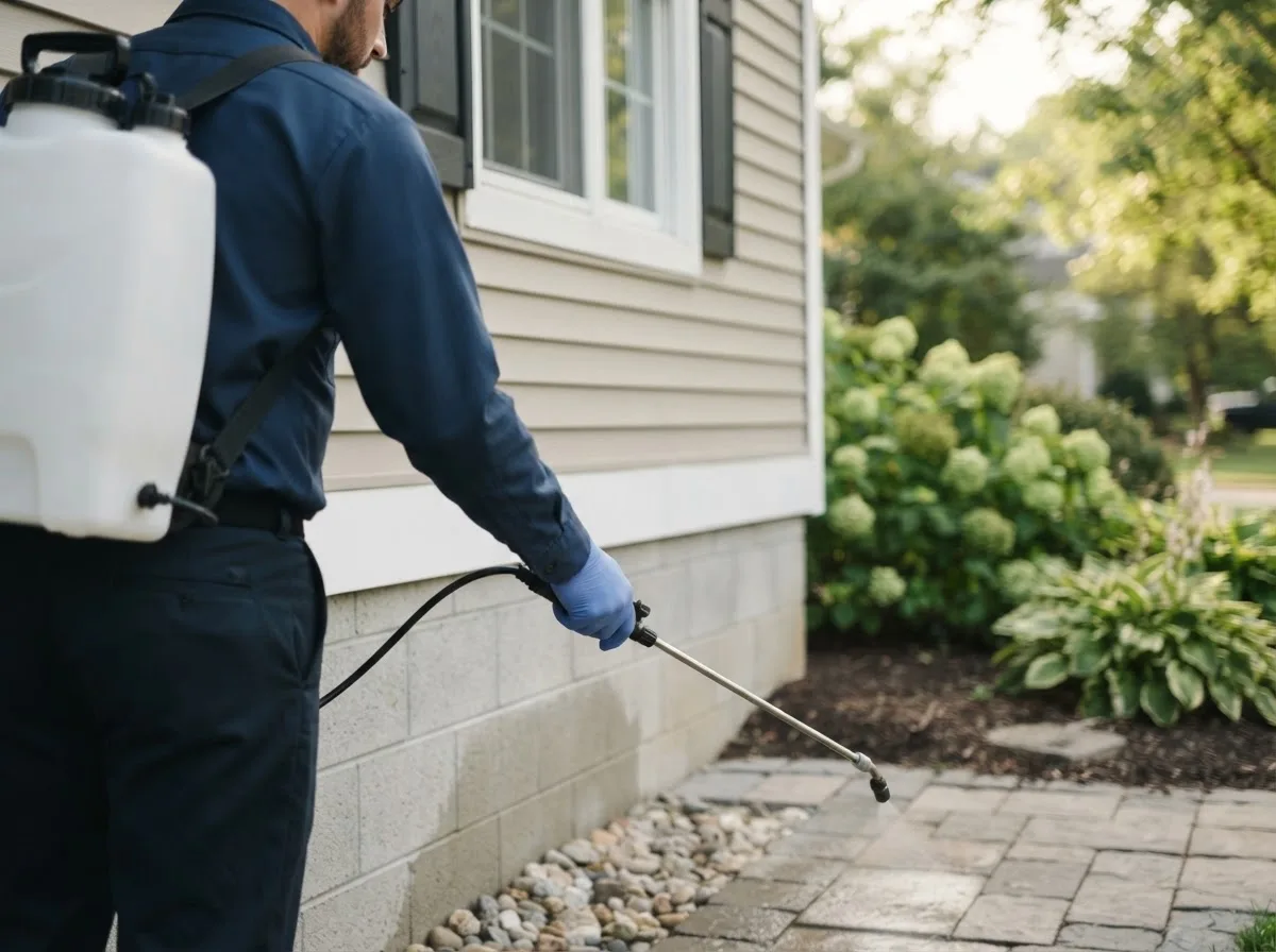 Pest control technician inspecting a home in Leland, IA